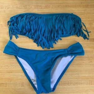 Turquoise fringe bikini set